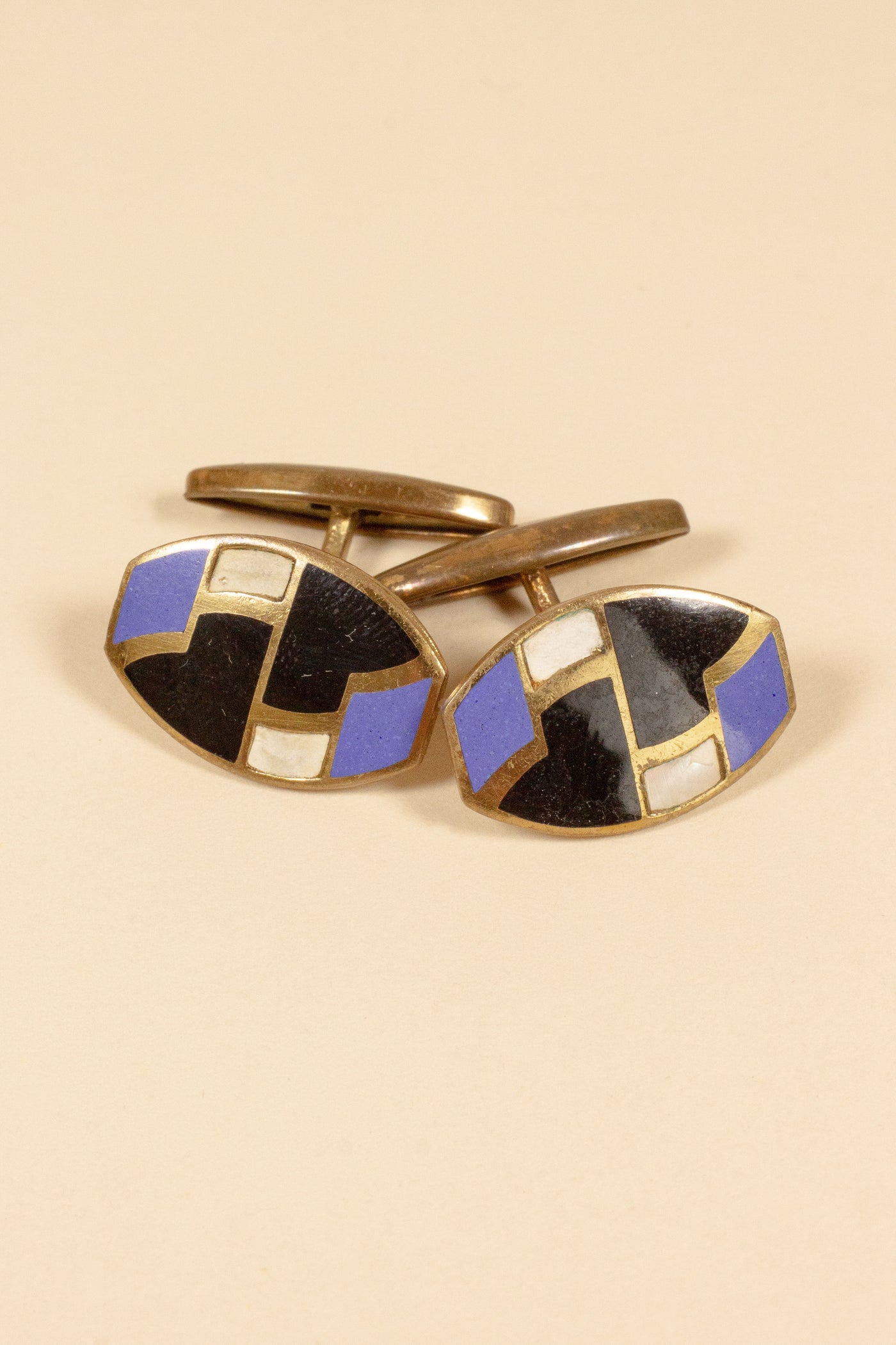 SWEDISH 1930S BRASS CUFFLINKS WITh BLACK AND LIGHT BLUE FACE