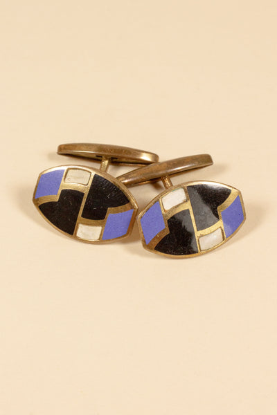 SWEDISH 1930S BRASS CUFFLINKS WITh BLACK AND LIGHT BLUE FACE