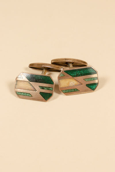 SWEDISH 1930S ART DECO CUFFLINKS WITH GREEN ENAMEL INLAY