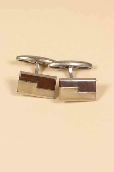 FRENCH 1930S/1940S DEADSTOCK STEEL CUFFLINKS WITH BROWN AND BEIGE INLAY