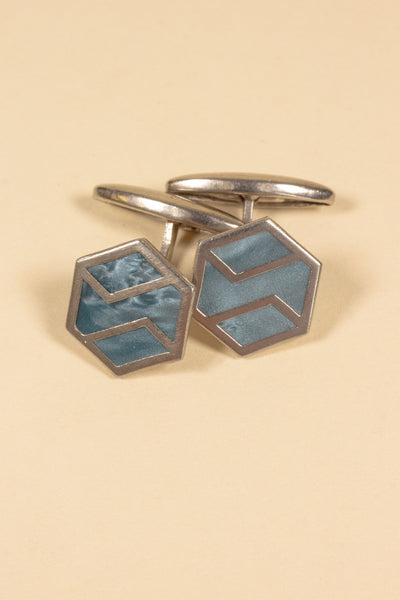 FRENCH 1930S/1940 DEADSTOCK STEEL CUFFLINKS WITH LIGHT-BLUE INLAY