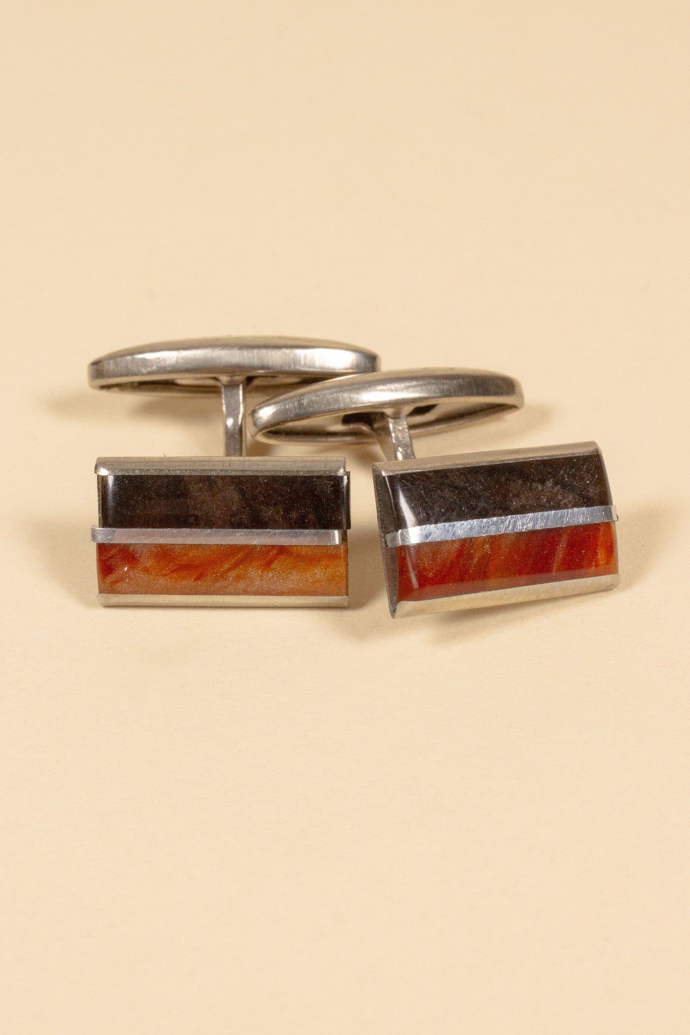 FRENCH 1930S/1940S DEADSTOCK STEEL CUFFLINKS WITH BROWN AND ORANGE INLAY