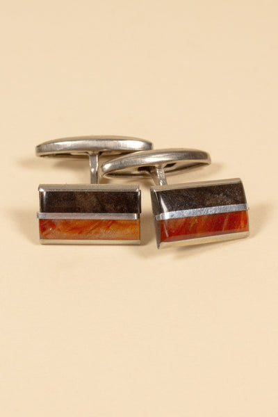 FRENCH 1930S/1940S DEADSTOCK STEEL CUFFLINKS WITH BROWN AND ORANGE INLAY