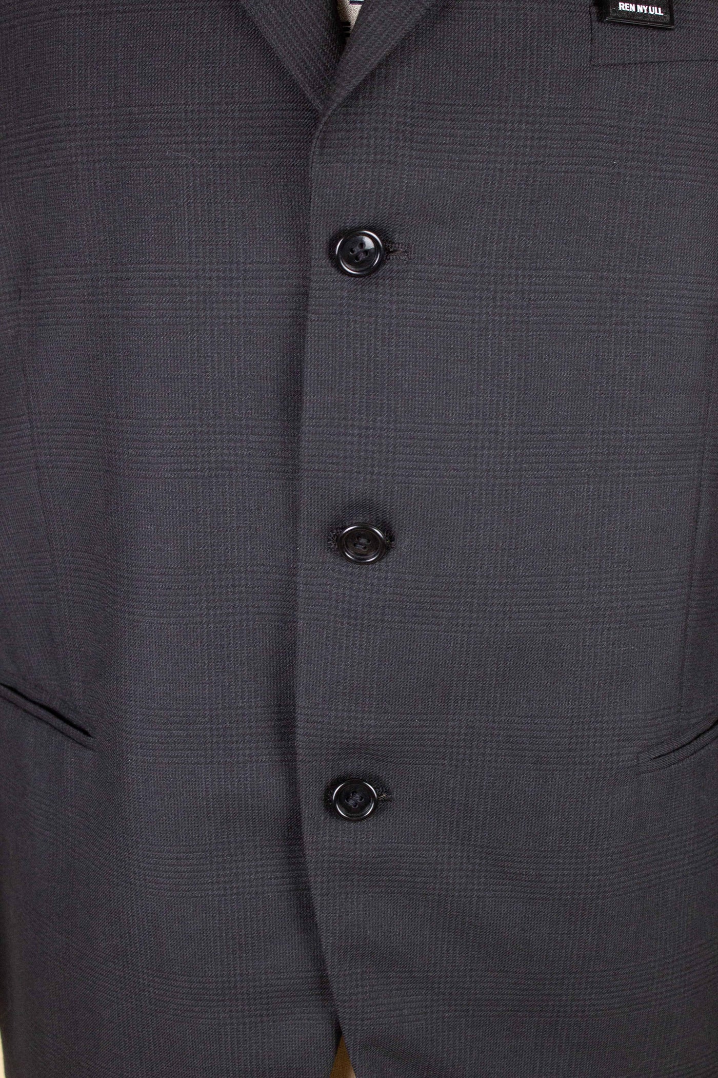 SWEDISH 1960S DARK GREY TWO PIECE SINGLE BREASTED DEADSTOCK SUIT BY UNKNOWN MAKER. SIZE CA EU 48