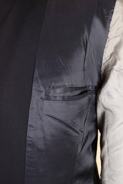 SWEDISH 1950S BLACK TWO PIECE SINGLE BREASTED SUIT, MAKER UNKNOWN. SIZE CA EU 56