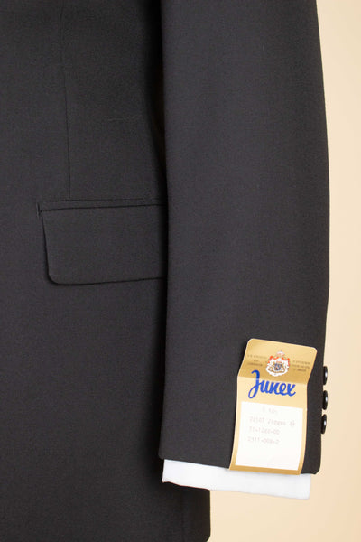 SWEDISH 1960S DEADSTOCK BLACK DOUBLE BREASTED TWO PIECE SUIT BY JUNEX. SIZE CA EU 48/44