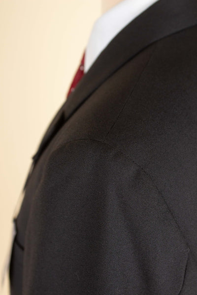 SWEDISH 1960S DEADSTOCK BLACK DOUBLE BREASTED TWO PIECE SUIT BY JUNEX. SIZE CA EU 48/44