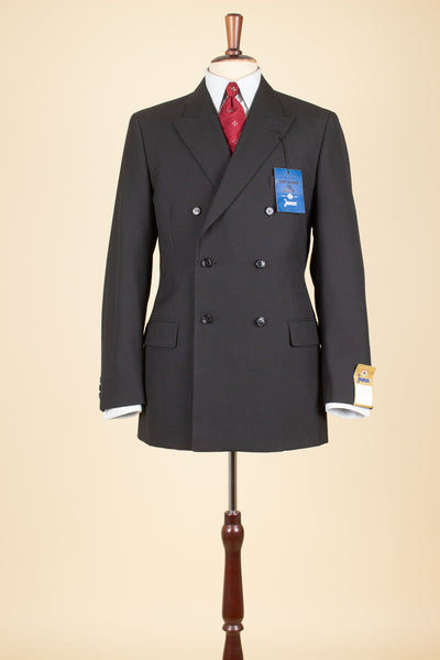 SWEDISH 1960S DEADSTOCK BLACK DOUBLE BREASTED TWO PIECE SUIT BY JUNEX. SIZE CA EU 48/44