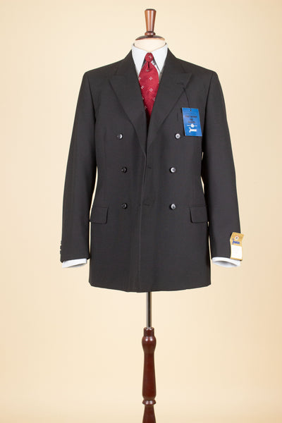 SWEDISH 1960S DEADSTOCK BLACK DOUBLE BREASTED TWO PIECE SUIT BY JUNEX. SIZE CA EU 48/44