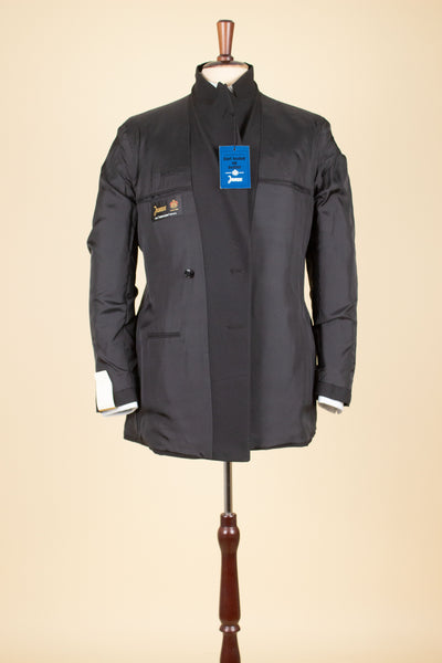 SWEDISH 1960S DEADSTOCK BLACK DOUBLE BREASTED TWO PIECE SUIT BY JUNEX. SIZE CA EU 48/44