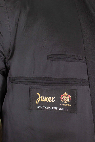 SWEDISH 1960S DEADSTOCK BLACK DOUBLE BREASTED TWO PIECE SUIT BY JUNEX. SIZE CA EU 48/44