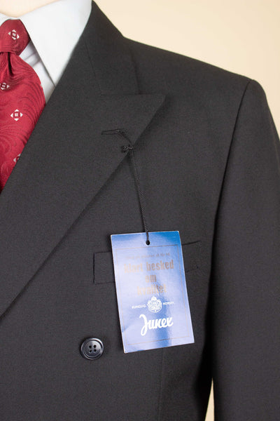 SWEDISH 1960S DEADSTOCK BLACK DOUBLE BREASTED TWO PIECE SUIT BY JUNEX. SIZE CA EU 48/44