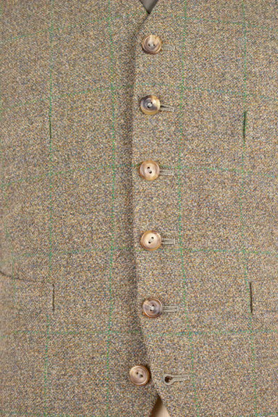 BRITISH 1967 BESPOKE BROWN AND GREEN CHECKERED THREE PIECE TWEED SUIT. SIZE CA EU 46