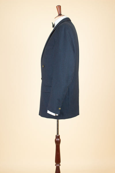 SWEDISH 1950S BLUE STRIPED DOUBLE BREASTED SUIT BY STILI. SIZE CA EU 50