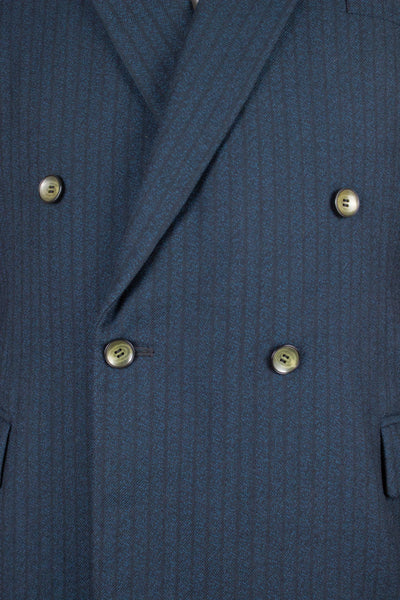 SWEDISH 1950S BLUE STRIPED DOUBLE BREASTED SUIT BY STILI. SIZE CA EU 50