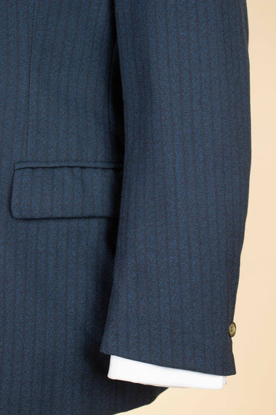 SWEDISH 1950S BLUE STRIPED DOUBLE BREASTED SUIT BY STILI. SIZE CA EU 50