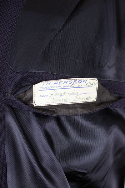 SWEDISH 1959 DARK BLUE TWO PIECE SINGLE BREASTED BESPOKE SUIT BY TH PERSSON. SIZE CA EU 50