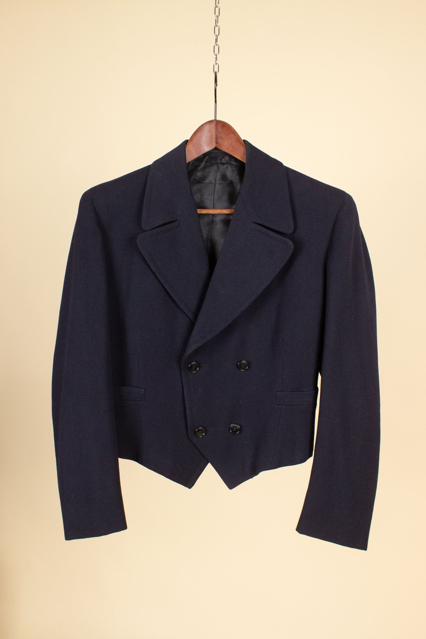 SWEDISH 1930S DARK BLUE TWILL DOUBLE SKI SUIT WITH DOUBLE BREASTED JACKET AND PLUS FOURS. SIZE CA EU 44-46