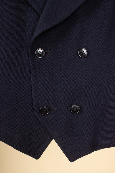 SWEDISH 1930S DARK BLUE TWILL DOUBLE SKI SUIT WITH DOUBLE BREASTED JACKET AND PLUS FOURS. SIZE CA EU 44-46