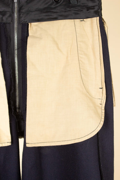 SWEDISH 1930S DARK BLUE TWILL DOUBLE SKI SUIT WITH DOUBLE BREASTED JACKET AND PLUS FOURS. SIZE CA EU 44-46