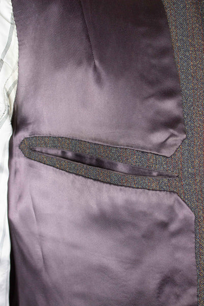 BRITISH 1950S/1960S BROWN-GREEN TWO PIECE SINGLE BREASTED BESPOKE SUIT. SIZE CA EU 52-54