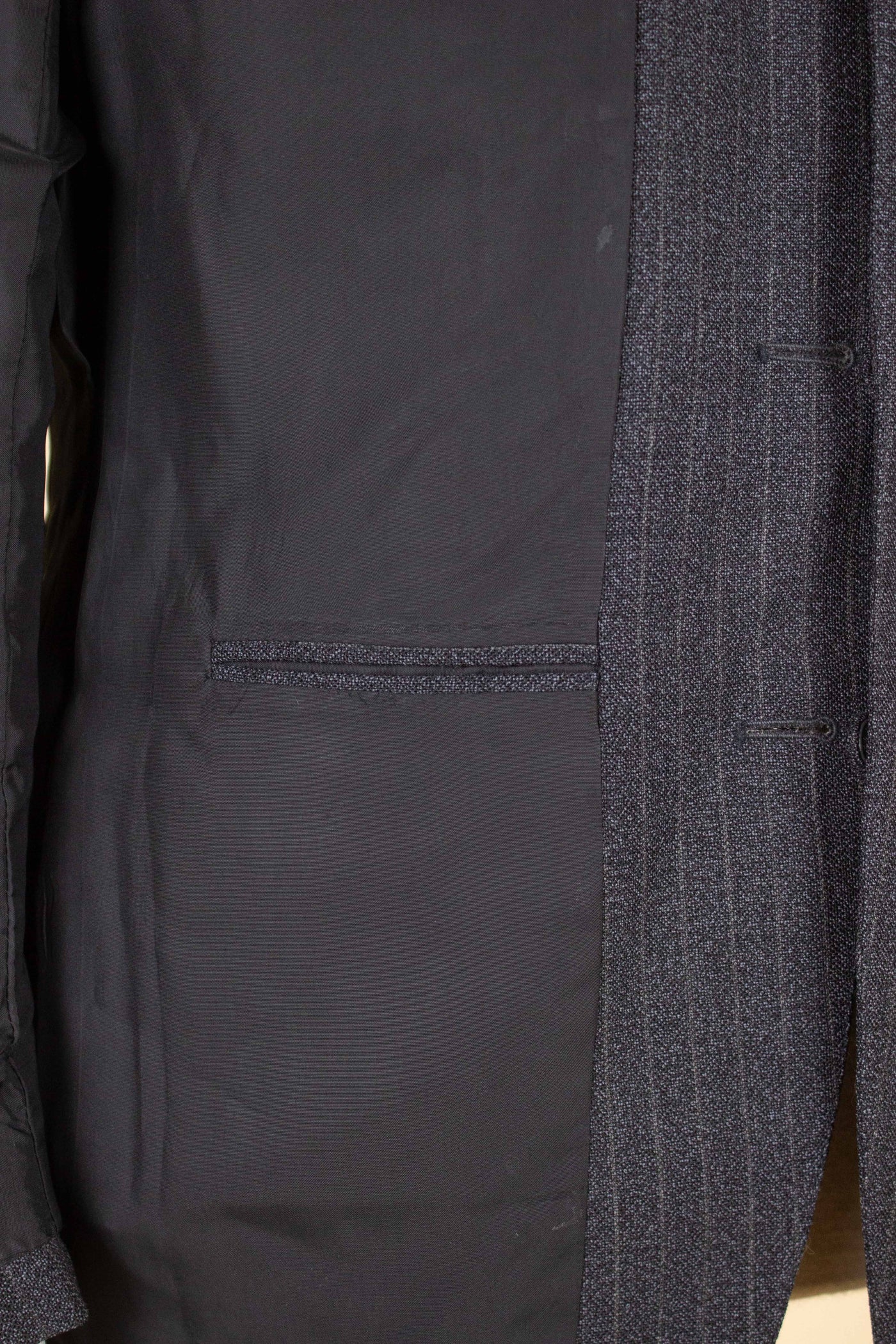 SWEDISH 1960S DARK GREY PINSTRIPED SINGLE BREASTED SUIT BY MAGNI. SIZE CA EU 48