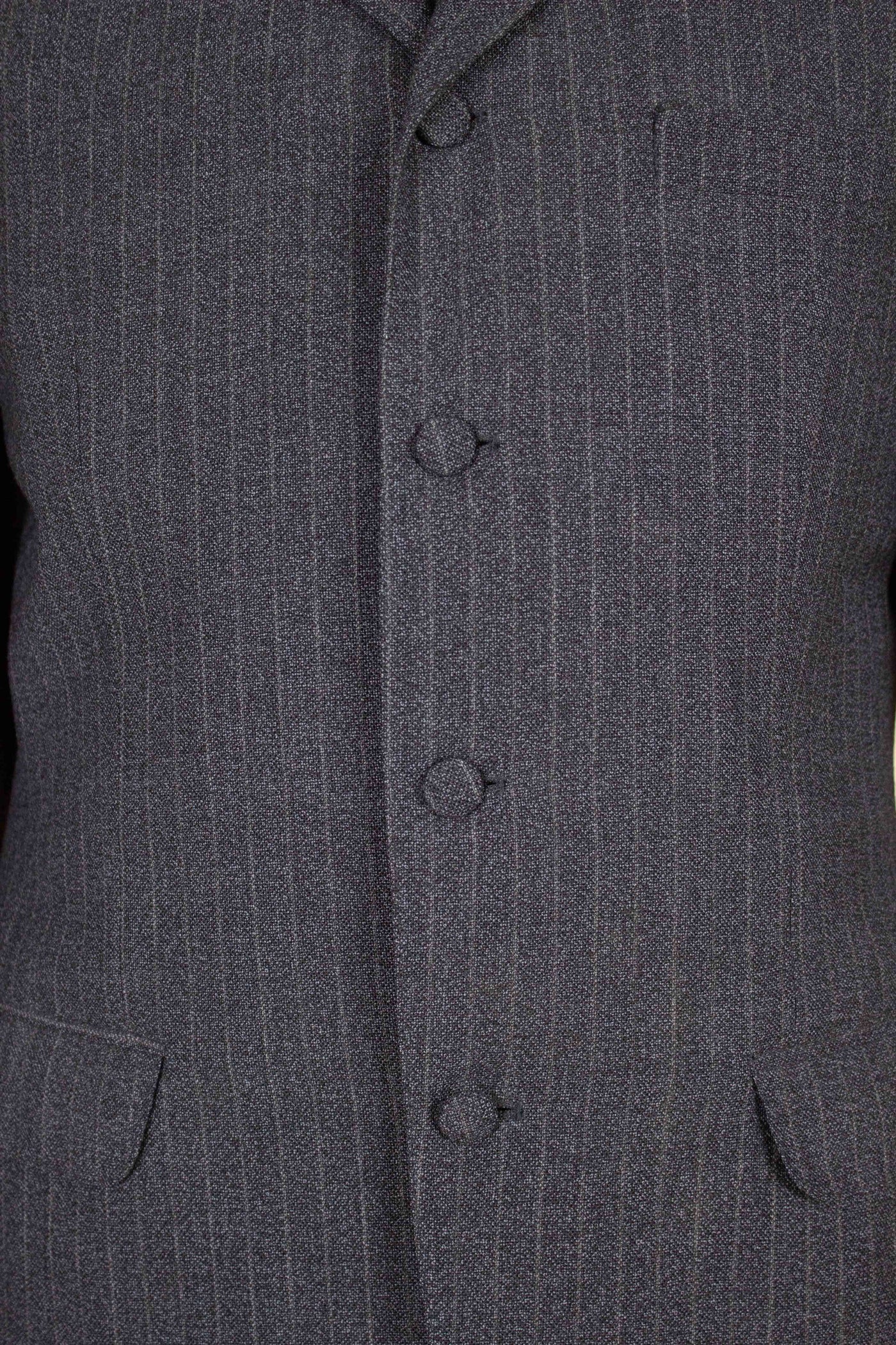 SWEDISH 1960S DARK GREY PINSTRIPED SINGLE BREASTED SUIT BY MAGNI. SIZE CA EU 48
