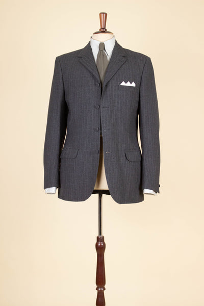 SWEDISH 1960S DARK GREY PINSTRIPED SINGLE BREASTED SUIT BY MAGNI. SIZE CA EU 48