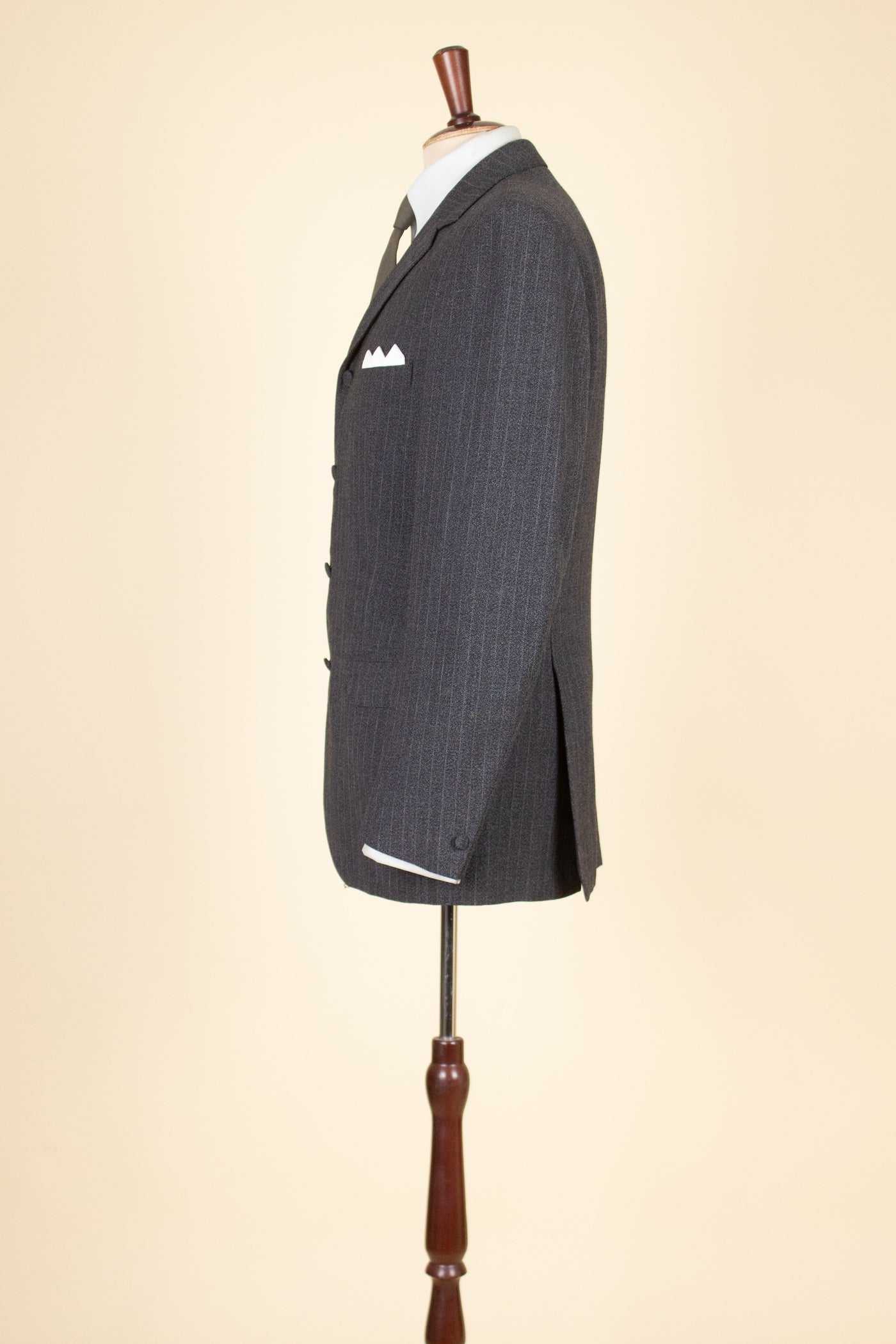 SWEDISH 1960S DARK GREY PINSTRIPED SINGLE BREASTED SUIT BY MAGNI. SIZE CA EU 48