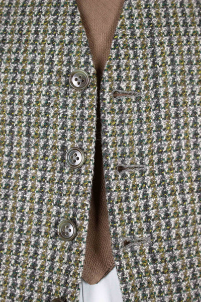 BRITISH 1960S GREY/YELLOW/GREEN PATTERNED THREE PIECE HARRIS TWEED SUIT. SIZE CA EU 44-46