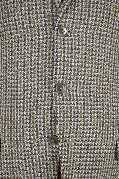 BRITISH 1960S GREY/YELLOW/GREEN PATTERNED THREE PIECE HARRIS TWEED SUIT. SIZE CA EU 44-46