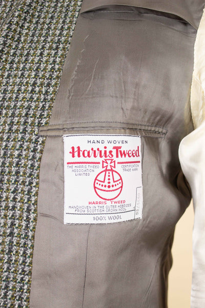 BRITISH 1960S GREY/YELLOW/GREEN PATTERNED THREE PIECE HARRIS TWEED SUIT. SIZE CA EU 44-46