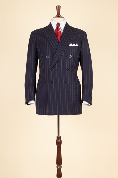 BRITISH 1969 DARK BLUE DOUBLE BREASTED PINSTRIPE BESPOKE SUIT BY HICKS AND SONS. SIZE CA EU 48
