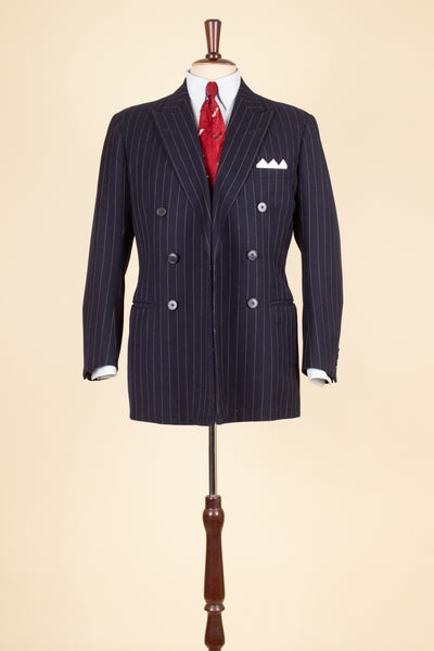 BRITISH 1969 DARK BLUE DOUBLE BREASTED PINSTRIPE BESPOKE SUIT BY HICKS AND SONS. SIZE CA EU 48