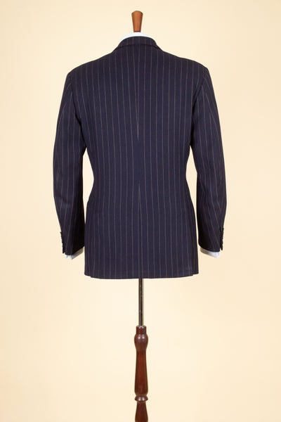 BRITISH 1969 DARK BLUE DOUBLE BREASTED PINSTRIPE BESPOKE SUIT BY HICKS AND SONS. SIZE CA EU 48