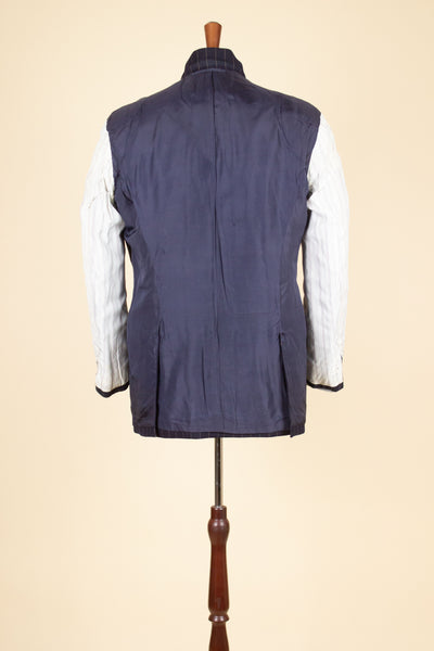 BRITISH 1969 DARK BLUE DOUBLE BREASTED PINSTRIPE BESPOKE SUIT BY HICKS AND SONS. SIZE CA EU 48