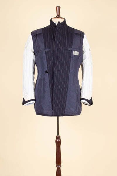 BRITISH 1969 DARK BLUE DOUBLE BREASTED PINSTRIPE BESPOKE SUIT BY HICKS AND SONS. SIZE CA EU 48