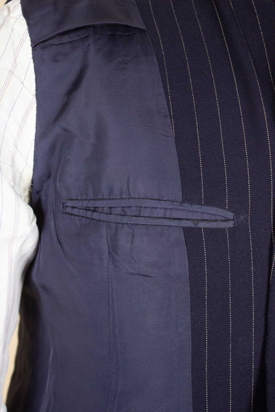 BRITISH 1969 DARK BLUE DOUBLE BREASTED PINSTRIPE BESPOKE SUIT BY HICKS AND SONS. SIZE CA EU 48