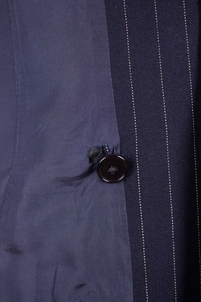 BRITISH 1969 DARK BLUE DOUBLE BREASTED PINSTRIPE BESPOKE SUIT BY HICKS AND SONS. SIZE CA EU 48