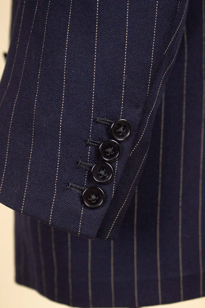 BRITISH 1969 DARK BLUE DOUBLE BREASTED PINSTRIPE BESPOKE SUIT BY HICKS AND SONS. SIZE CA EU 48