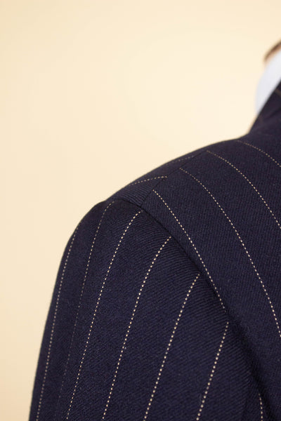 BRITISH 1969 DARK BLUE DOUBLE BREASTED PINSTRIPE BESPOKE SUIT BY HICKS AND SONS. SIZE CA EU 48