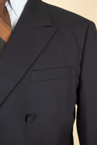 SWEDISH 1960S BLACK TWO PIECE DOUBLE BREASTED DEADSTOCK SUIT BY STRANDS. SIZE CA EU 50