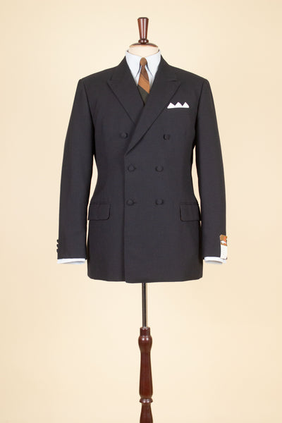 SWEDISH 1960S BLACK TWO PIECE DOUBLE BREASTED DEADSTOCK SUIT BY STRANDS. SIZE CA EU 50