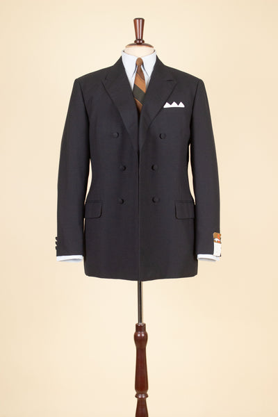 SWEDISH 1960S BLACK TWO PIECE DOUBLE BREASTED DEADSTOCK SUIT BY STRANDS. SIZE CA EU 50