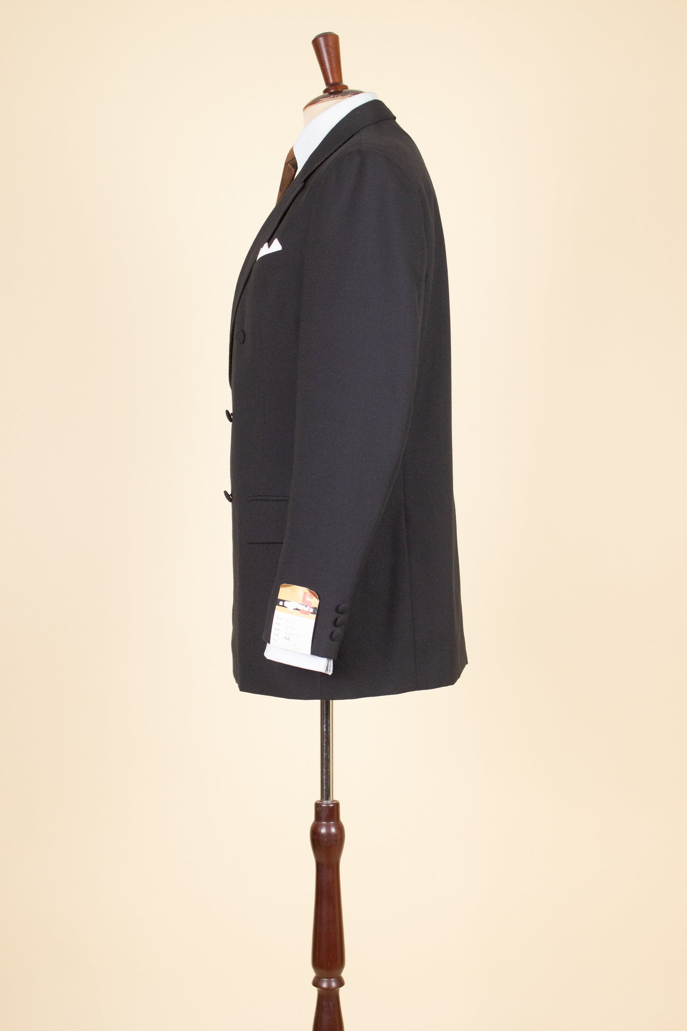 SWEDISH 1960S BLACK TWO PIECE DOUBLE BREASTED DEADSTOCK SUIT BY STRANDS. SIZE CA EU 50