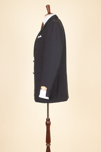 SWEDISH 1960S BLACK TWO PIECE DOUBLE BREASTED DEADSTOCK SUIT BY STRANDS. SIZE CA EU 50
