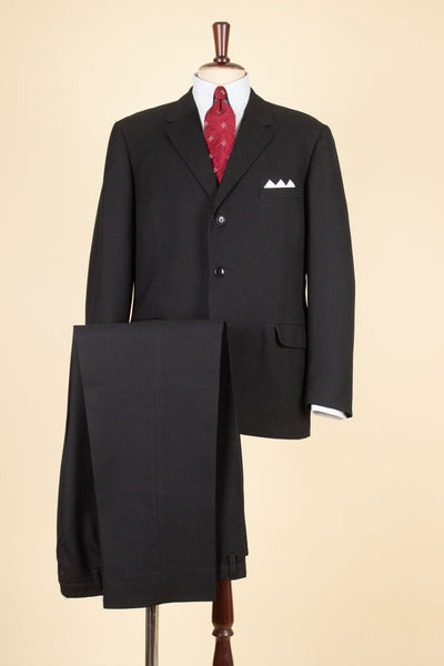 SWEDISH 1950S BLACK TWO PIECE SINGLE BREASTED WOOL WORSTED SUIT BY NOBEL. SIZE CA EU 52