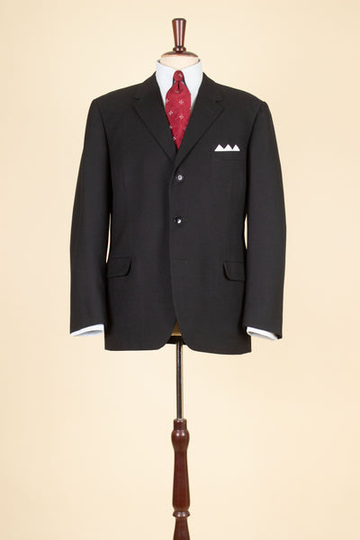 SWEDISH 1950S BLACK TWO PIECE SINGLE BREASTED WOOL WORSTED SUIT BY NOBEL. SIZE CA EU 52