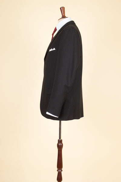 SWEDISH 1950S BLACK TWO PIECE SINGLE BREASTED WOOL WORSTED SUIT BY NOBEL. SIZE CA EU 52