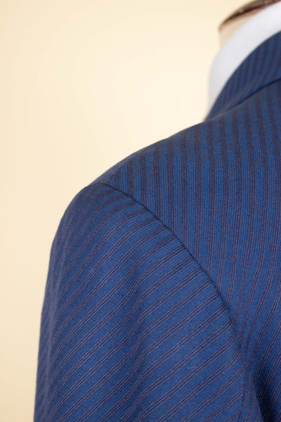 SWEDISH 1940S/1950S BLUE TWO PIECE SINGLE BREASTED SUIT WITH STRIPES BY FUNK. SIZE CA EU 46-48